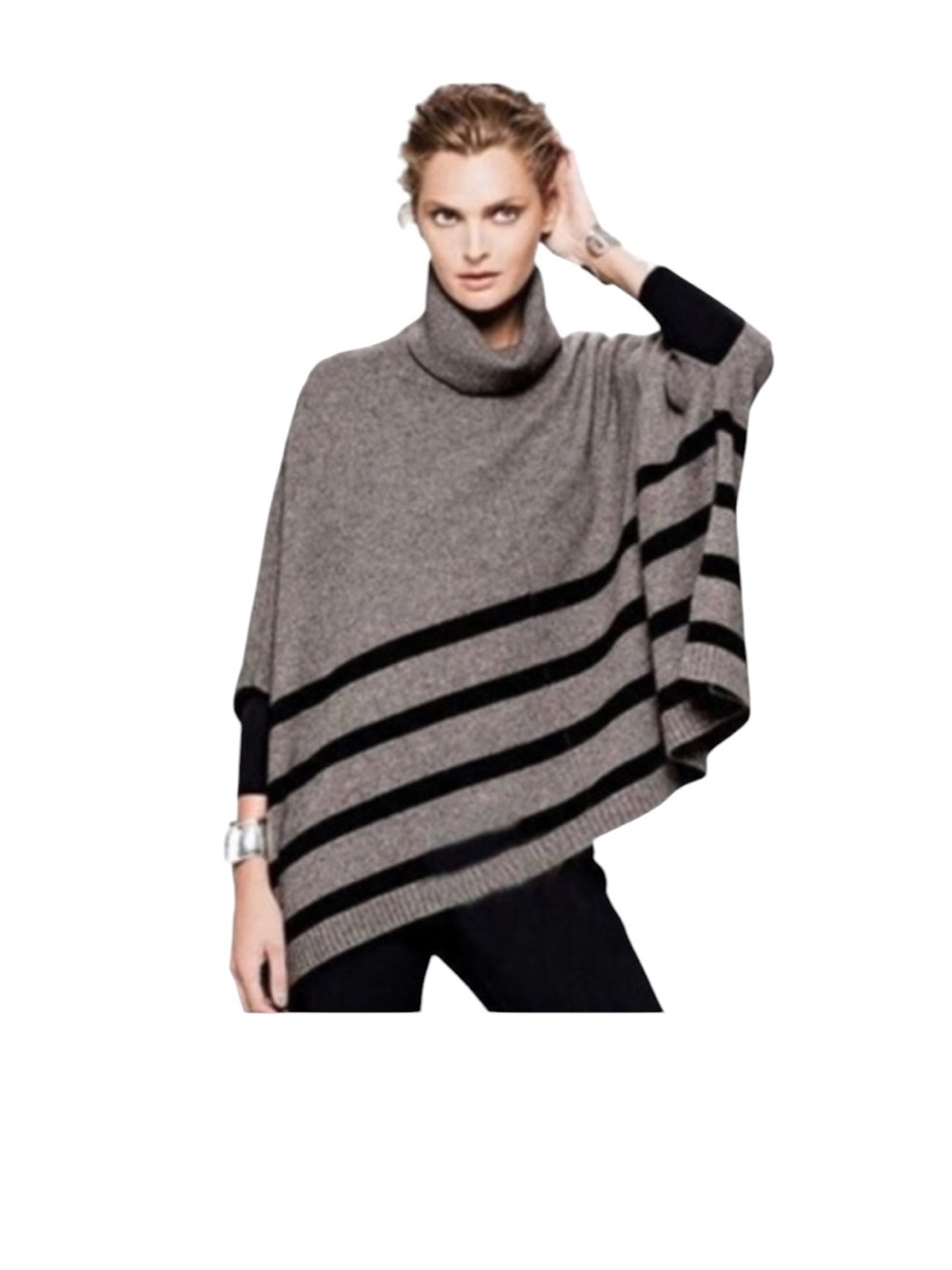 Tahari black grey wool yak hair flowy cowl neck poncho sweater Size M